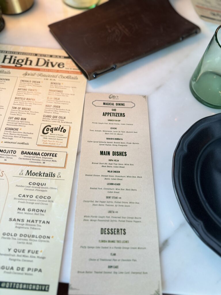 ottos high dive magical dining menu